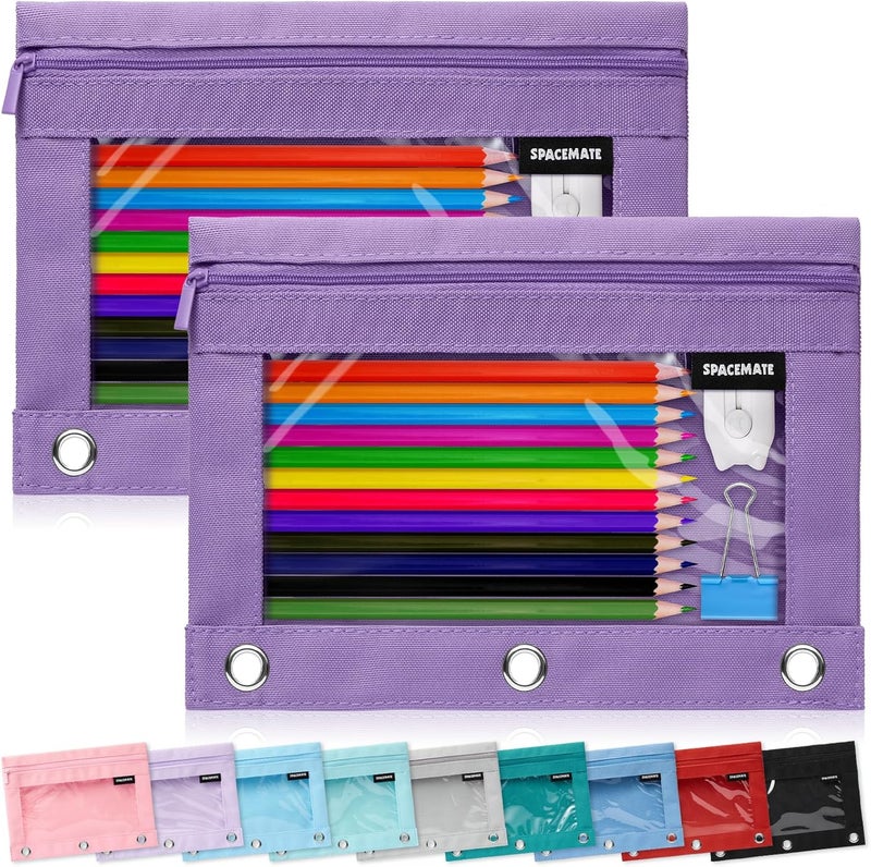 SPACEMATE 2 Pack Binder Pencil Pouch Case Box Bag for 3 Ring Binder School Supplies Girls Boys Kids, Clear Preppy Stuff Large Aesthetic Pen Organizer, Back to College Stationary, Purple - Image 1